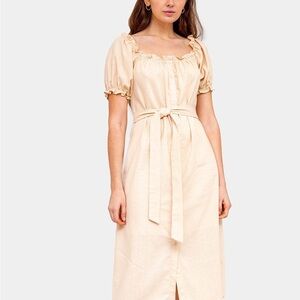 Chic Beige Midi Dress with Puff Sleeves